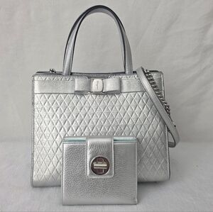 Auth Salvatore Ferragamo Vara Bow  Metallic Silver Bag And Wallet